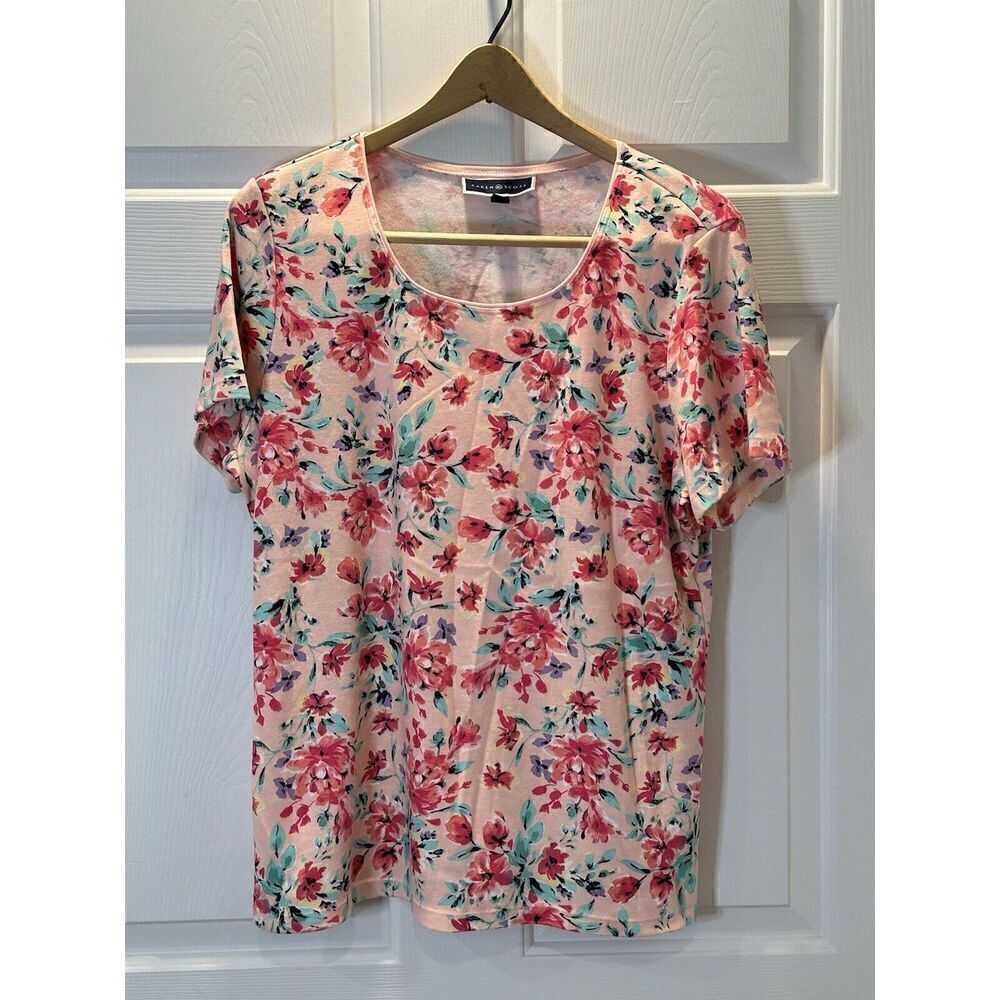 Karen Scott Knit Top Size XL Short Sleeve Pink Floral Cotton Blend